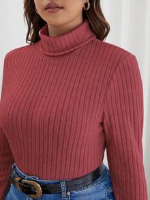 SHEIN Frenchy 大碼高領條紋針織T恤 - 紅色 - 查看 6