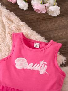 SHEIN Young Girl Letter Graphic Mesh Hem Dress & Fuzzy Coat - Multicolor - View 3