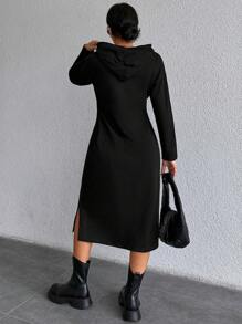 EURMUSE Letter Print Hoodie Loose Dress - Black - View 2