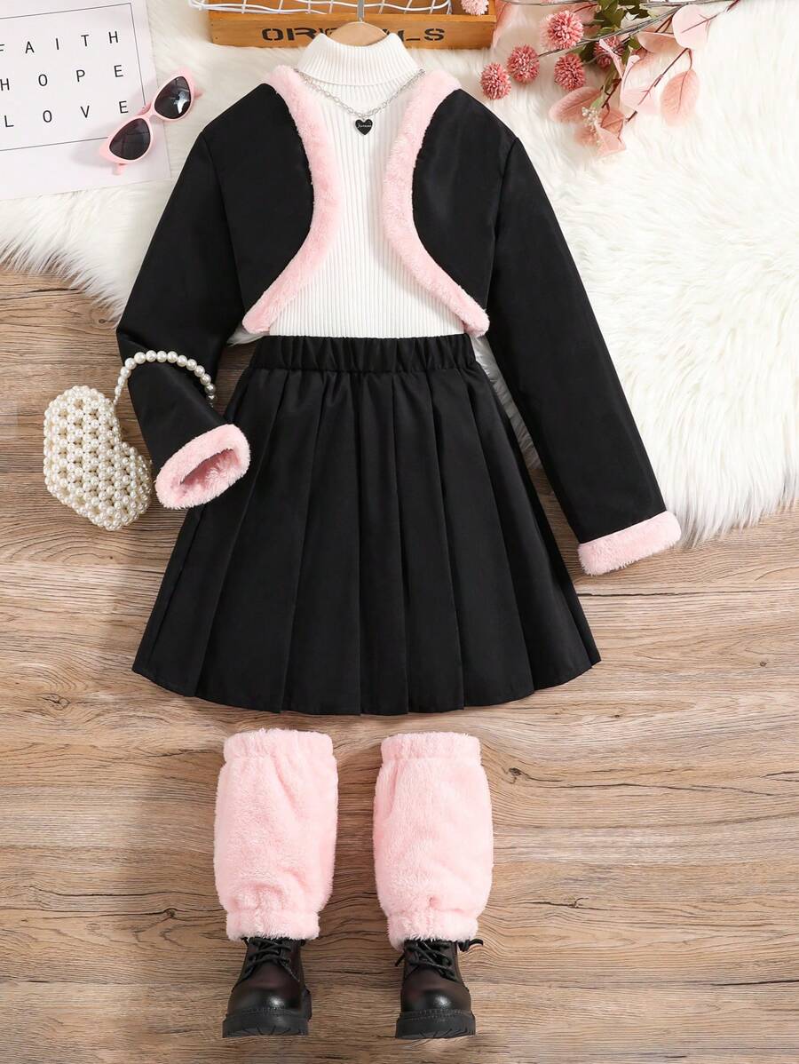 SHEIN Tween Girl Contrast Fuzzy Trim Jacket & Pleated Skirt & 1pair Leg Sleeve Without Tee - Black - View 1