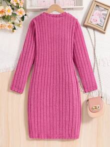 SHEIN Tween Girl Solid Ribbed Knit Dress With Scarf - Hot Pink - View 2