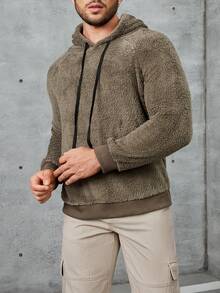 Manfinity Homme 男式鬆身法蘭絨連帽衫,插肩袖設計,束口帶 - 綠色 - 查看 3