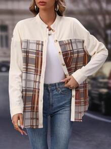 SHEIN LUNE Cappotto con stampa quadri spalle cadenti con bottone frontale - Multicolore - Visualizzare 1