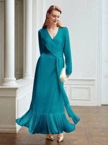 MOTF PREMIUM BELTED SATIN FRINGE-HEM DRESS - Teal Blue - View 5
