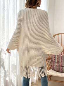 SHEIN VCAY Batwing Sleeve Fringe Trim Cardigan - Apricot - View 2