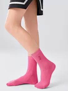 SHEIN 1pair Pink Double-needle Embroidery Mid-calf Socks