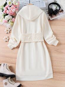SHEIN Tween Girl Lace Up Front Drop Shoulder Hooded Sweatshirt Dress - Apricot - View 2