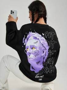 Skull & Slogan Graphic Drop Shoulder Sweatshirt - Black - View 1