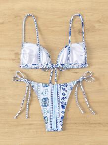 Floral Print Tie Side Bikini Set For Summer Beach Vacation - Multicolor - View 2