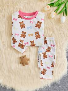 SHEIN Cô Gái Trẻ Gấu & In nơ Tương phản ràng buộc Vừa Khít Bộ PJ - Nhiều màu - Xem 8