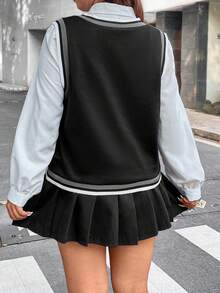 Flirla Plus 1pc Letter Patched Striped Trim Tank Top - Black - View 2