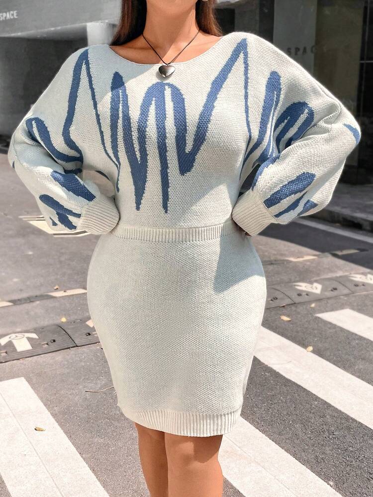 Plus Graphic Pattern Boat Neck Batwing Sleeve Sweater Dress Fall Cloth For Women