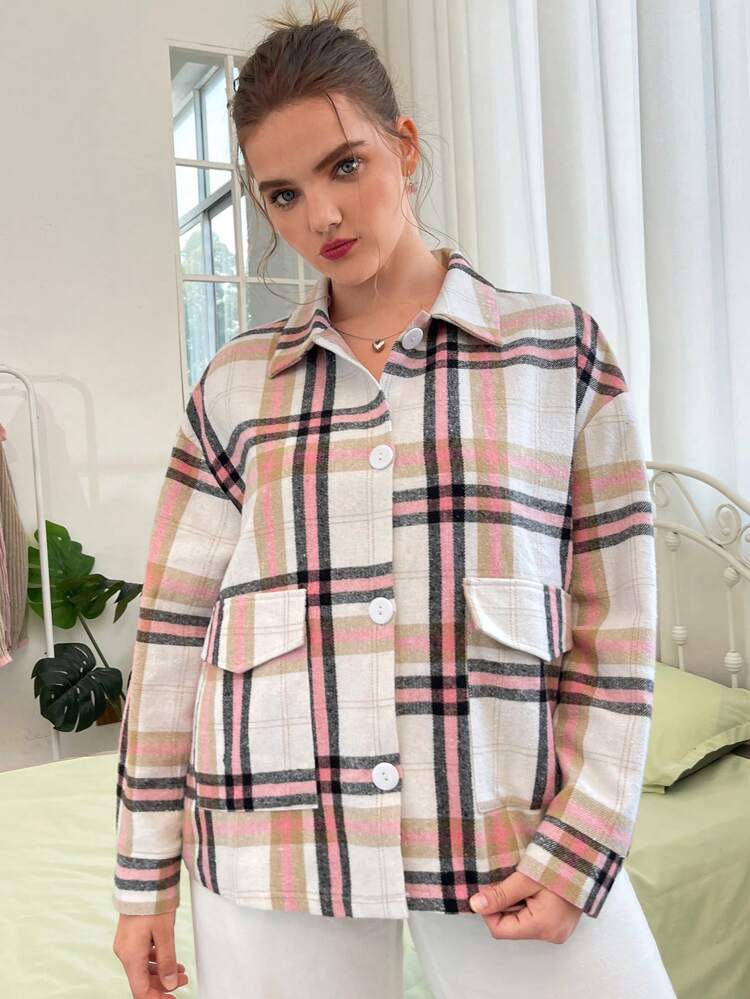 Plus Plaid Print Drop Shoulder Overcoat