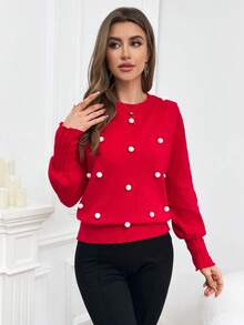 SHEIN Privé Lantern Sleeve Pom Pom Detail Sweater - Red and White - View 3