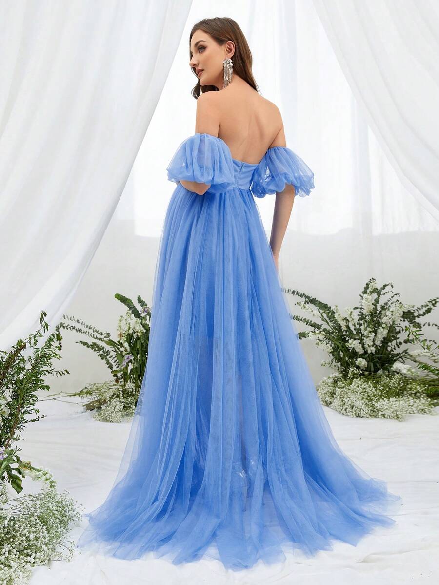 Vestido de maternidad con hombros descubiertos, mangas abullonadas y malla - Celeste - Ver 1