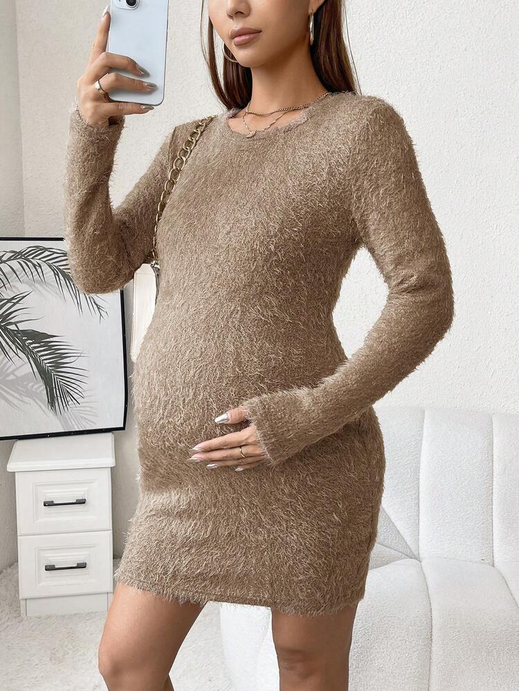 Maternity Solid Fuzzy Bodycon Dress
