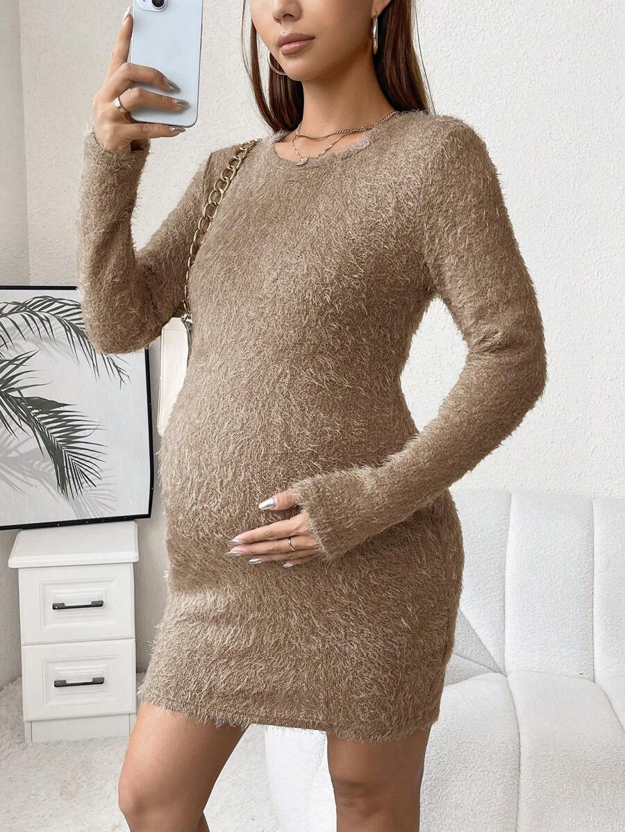 SHEIN Thai sản Chất rắn 	
Fuzzy Váy bodycon - màu nâu - Xem 1