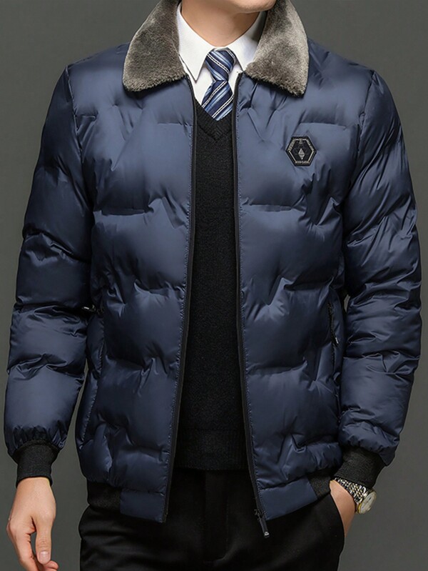 Men Plus Borg Collar Letter Patched Detail Zipper Padded Coat