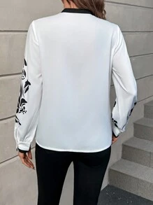 SHEIN Clasi Floral Print Contrast Trim Shirt - Black and White - View 2