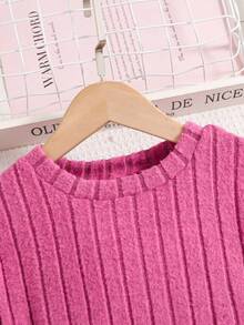 SHEIN Tween Girl Solid Ribbed Knit Dress With Scarf - Hot Pink - View 5
