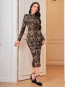 Modelyn 印花小高領緊身洋裝不附腰帶 - 杏色 - 查看 3