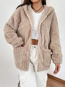 Muchica Túi Kép Thả vai áo có mũ Áo khoác Teddy - Màu Khaki - Xem 4