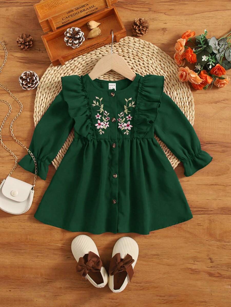 SHEIN Baby Girl Floral Embroidery Ruffle Trim Flare Sleeve Dress - Dark Green - View 1