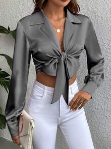 SHEIN Unity Nút phía trước Mùa vụ Xa ten Áo sơ mi - Xám - Xem 6
