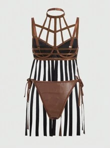 Grunge Punk 流蘇下擺 Pu 皮革內衣套裝 - 咖啡棕 - 查看 2