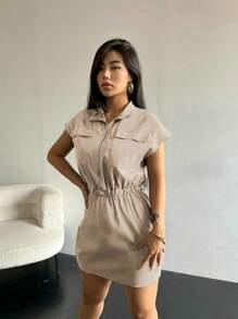 Zolique Flap Pocket Half Zip Elastic Waist Dress - Khaki - View 4