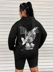 SHEIN EZwear Plus Size Letter & Figure Print Drop Shoulder Sweatshirt - Black - View 5