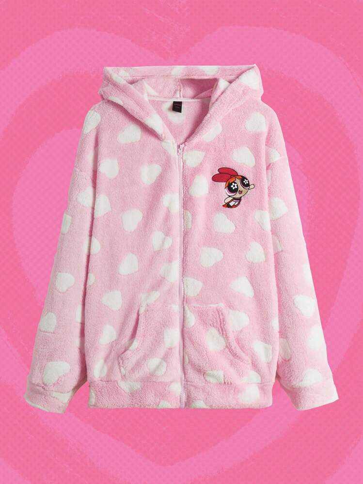 The Powerpuff Girls | ROMWE Talla grande Cazadora teddy con bordado de dibujos animados con patrón de corazón de hombros caídos con capucha - Rosa - Ver 1