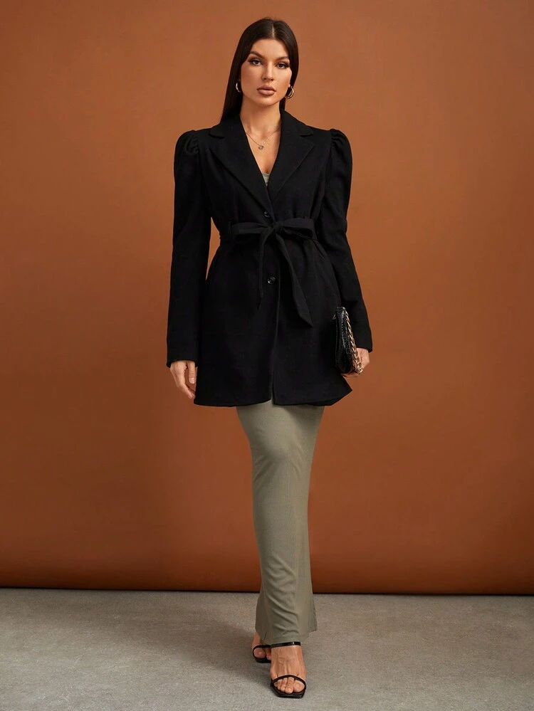 Lapel Neck Puff Sleeve Belted Overcoat