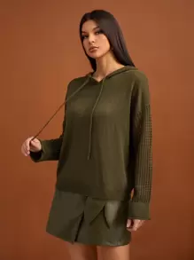 SHEIN Tall Solid Drop Shoulder Drawstring Hooded Sweater, Tall Women - Green - View 3