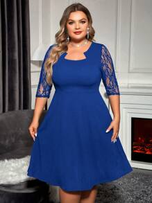 SHEIN Clasi Talla grande Vestido de manga con encaje escote cuello - azul real - Ver 4