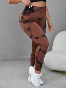 Easithlete Plus Tie Dye Tummy Control Sports Leggings - Redwood - View 4