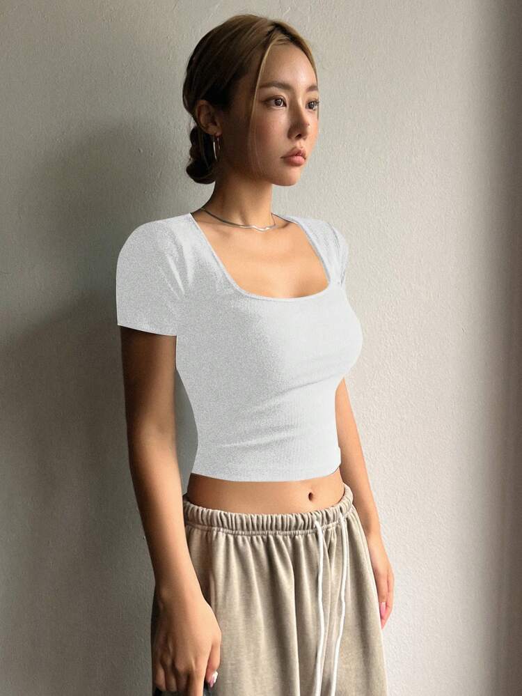 Square Neck Ribbed Knit Crop Tee