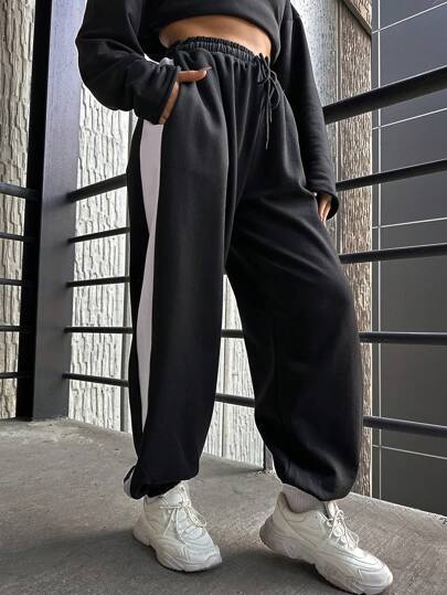 RueChic Plus Size  Contrast Side Seam Drawstring Waist Sweatpants