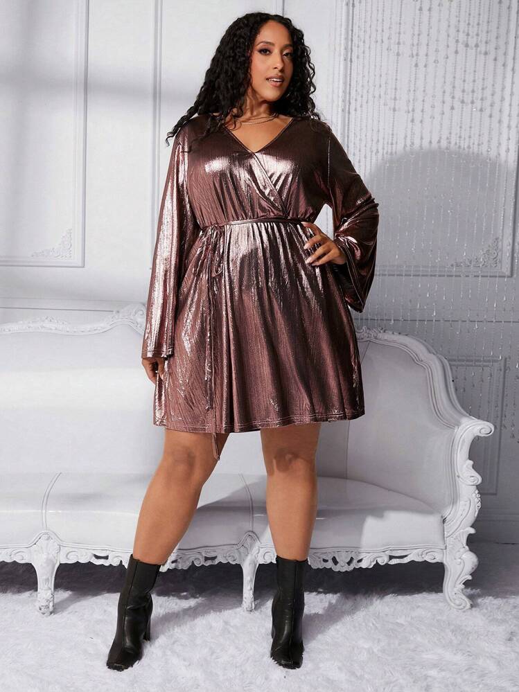 SHEIN CURVE+ Vestido Metálico Con Escote Cruzado Y Talla Grande - Púrpura polvoriento - Añade 3