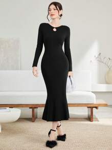 Modelyn Keyhole Neckline Mermaid Hem Sweater Dress Fall Cloth For Women - Black - View 4