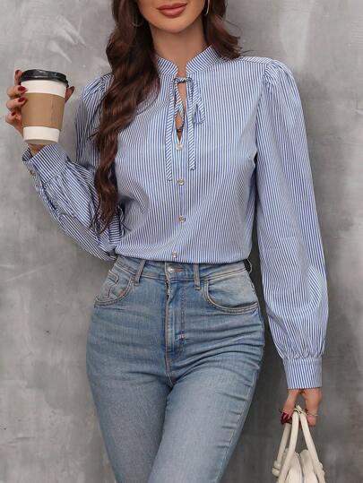 SHEIN LUNE Striped Print Tie Neck Lantern Sleeve Blouse,Long Sleeve Tops Fall Cloth For Women