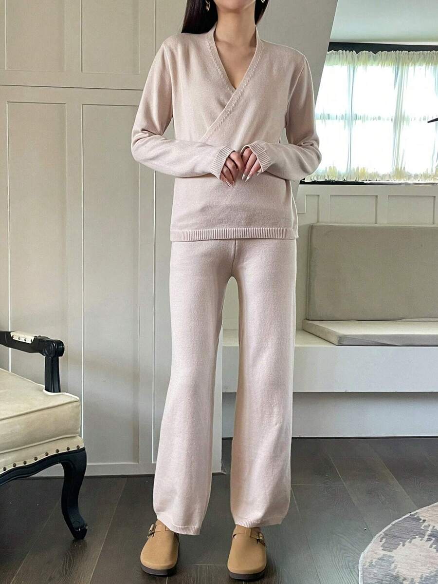 SHEIN Unity Chất rắn Bọc Áo len & Quần dệt kim - Màu be - Xem 1