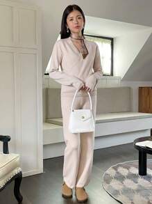 SHEIN Unity Chất rắn Bọc Áo len & Quần dệt kim - Màu be - Xem 6
