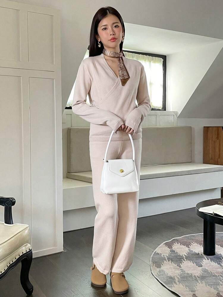 Solid Wrap Sweater & Knit Pants Fall Cloth For Women
