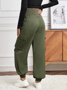 SHEIN Thai sản Thắt lưng rộng Eo dây rút Túi có nắp Quần Cargo - xanh quân đội - Xem 2