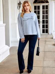 SHEIN Franclia 大碼字母圖案落肩袖運動衫 - 灰色 - 查看 4