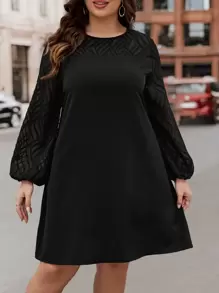 SHEIN LUNE Plus Contrast Mesh Lantern Sleeve Dress - Black - View 4