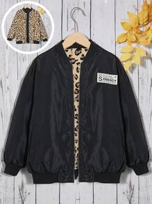 SHEIN Tween Girl Letter Patched Detail Drop Shoulder Zipper Bomber Jacket - Multicolor - View 1