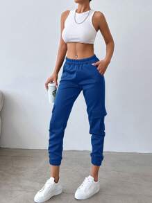 EURMUSE Women'S Elastic Waist Side Flap Pocket Sweatpants - Royal Blue - View 4