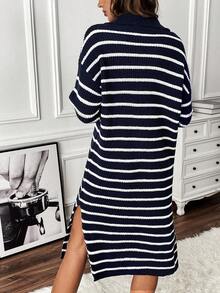 SHEIN Frenchy 條紋圖案落肩袖高衩毛衣洋裝 - 藏蓝色 - 查看 2